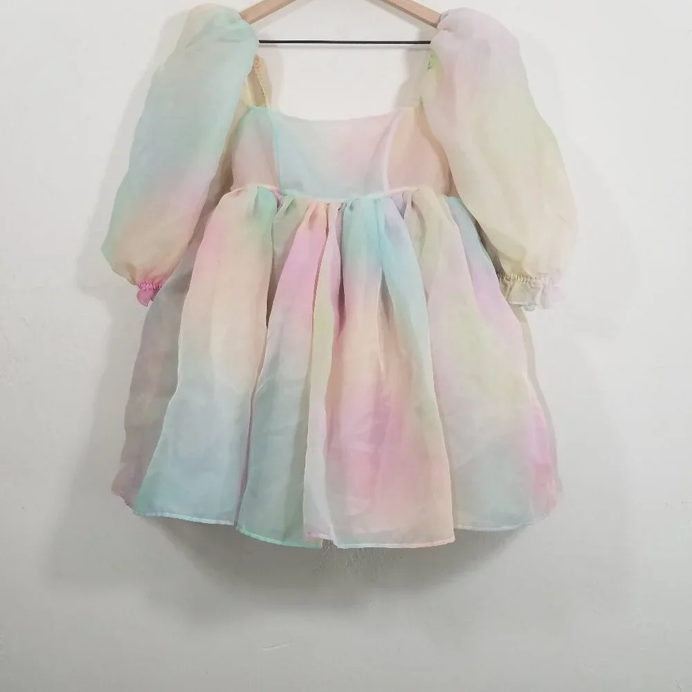 Selkie Rainbow Multicolor Puff Sleeve Mini Dress Square Neck Size S - Picture 5 of 9